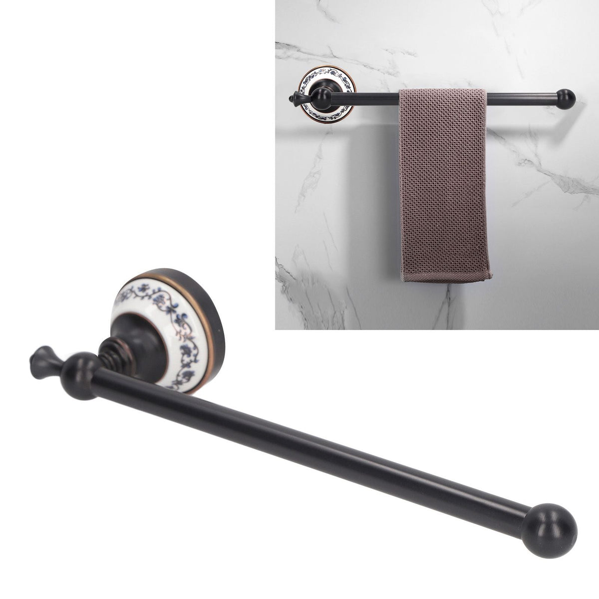 Retro Copper Bathroom single towel bar in dark bronze metal with blue and white floral porcelain mounting accents and rounded ends
