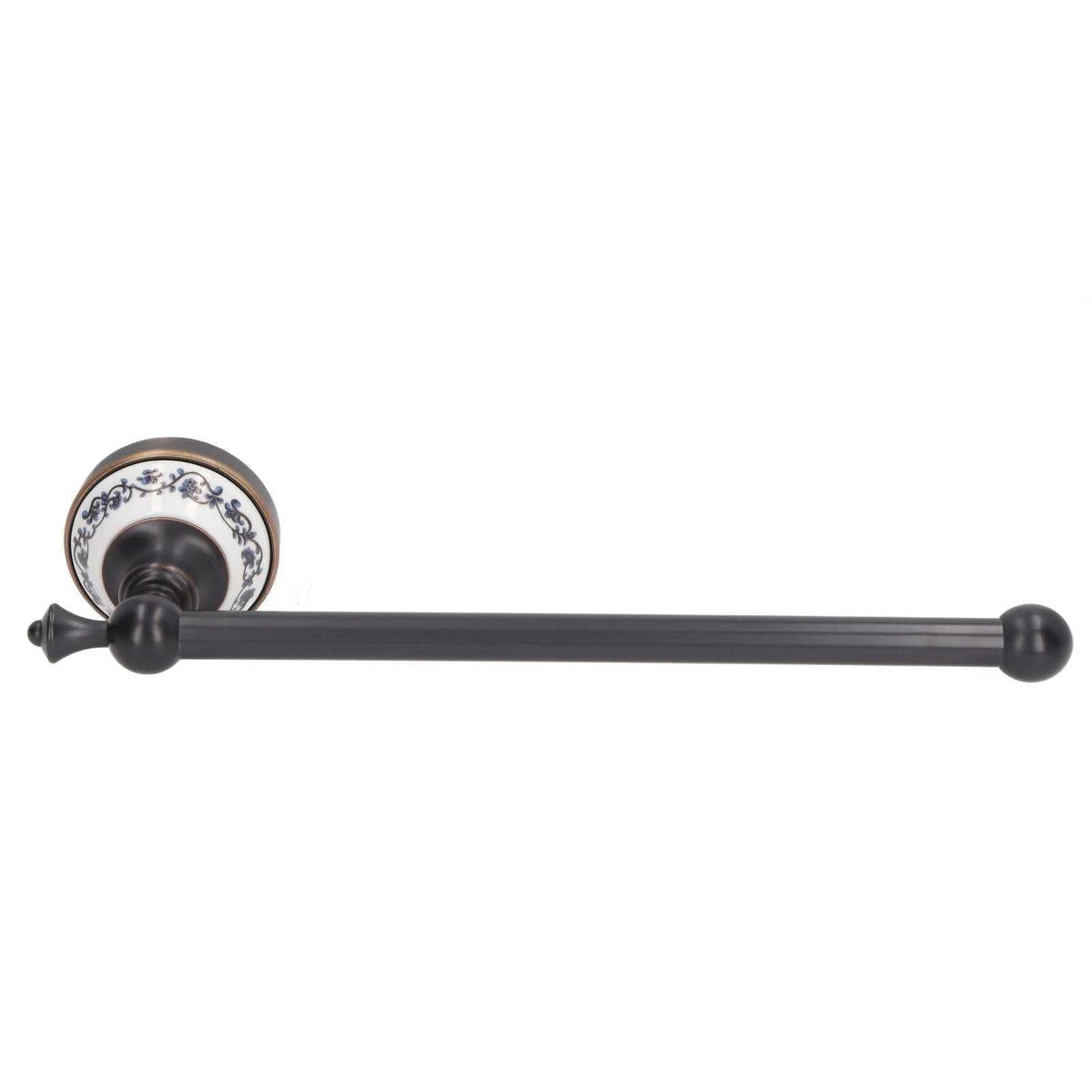 Retro Copper Bathroom towel bar in dark bronze metal with a blue and white floral porcelain wall mount and rounded ends