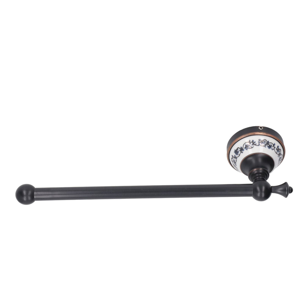 Retro Copper Bathroom towel bar with a dark bronze rod, rounded ends, and a blue and white porcelain mount