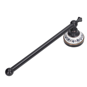 Retro Copper Bathroom towel bar with dark bronze metal rod and blue floral detailing on a white porcelain mount