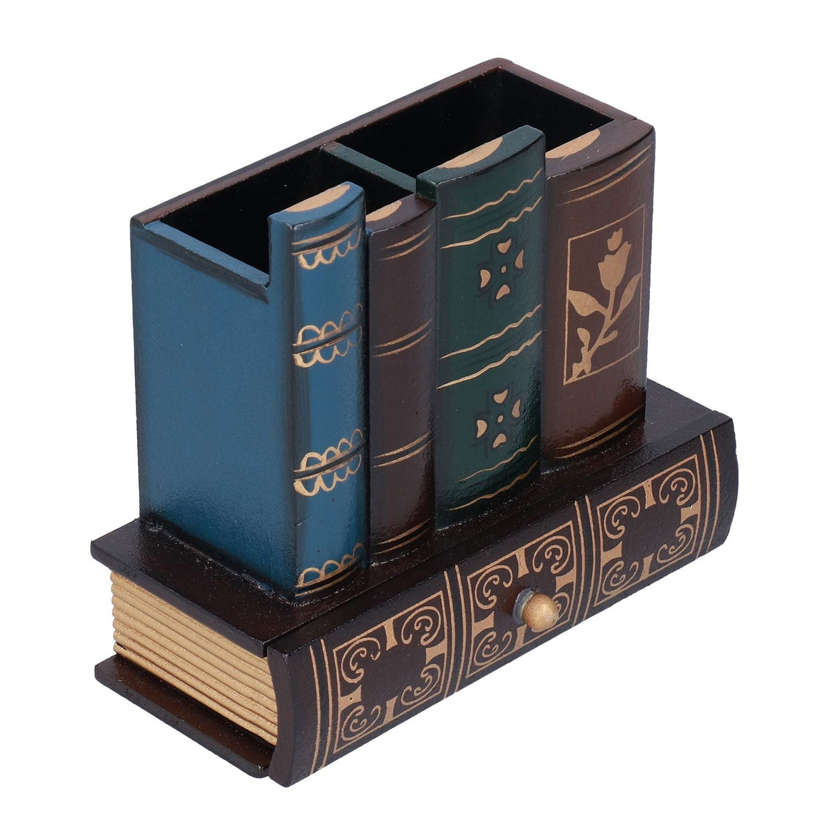 Retro Style Pencil Holder in dark blue and brown MDF, with book-shaped compartments, gold accents and a patterned drawer
