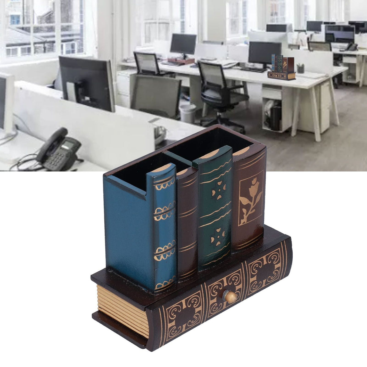 Retro Style Pencil Holder in blue and burgundy faux-book styling, with gold decorative motifs and a front drawer