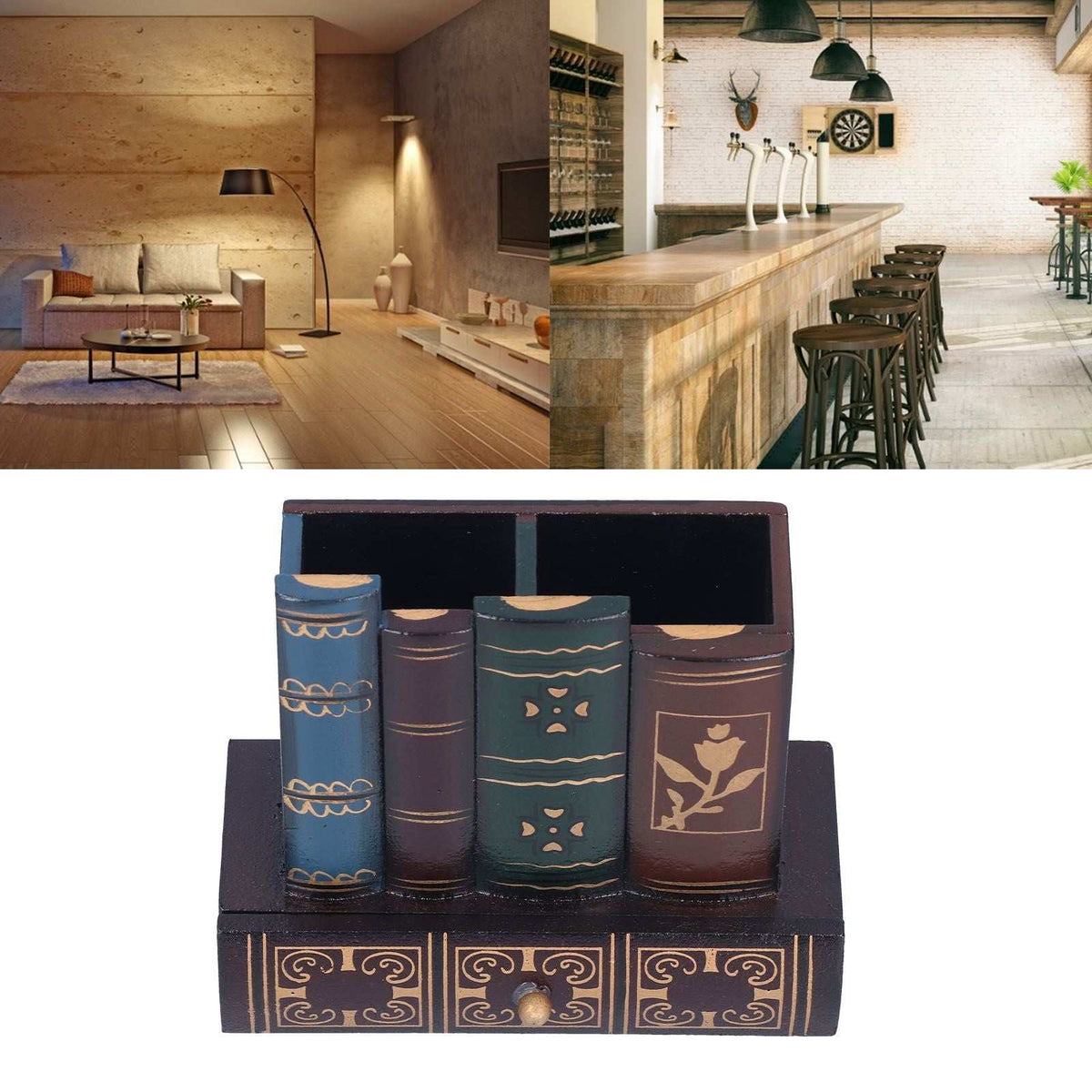 Retro Style Pencil Holder shaped like stacked dark leather books with gold designs and a three-panel drawer front