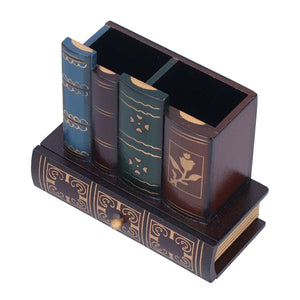 Retro Style Pencil Holder in dark wood with blue and brown book-shaped compartments, ornate gold detailing and a small drawer