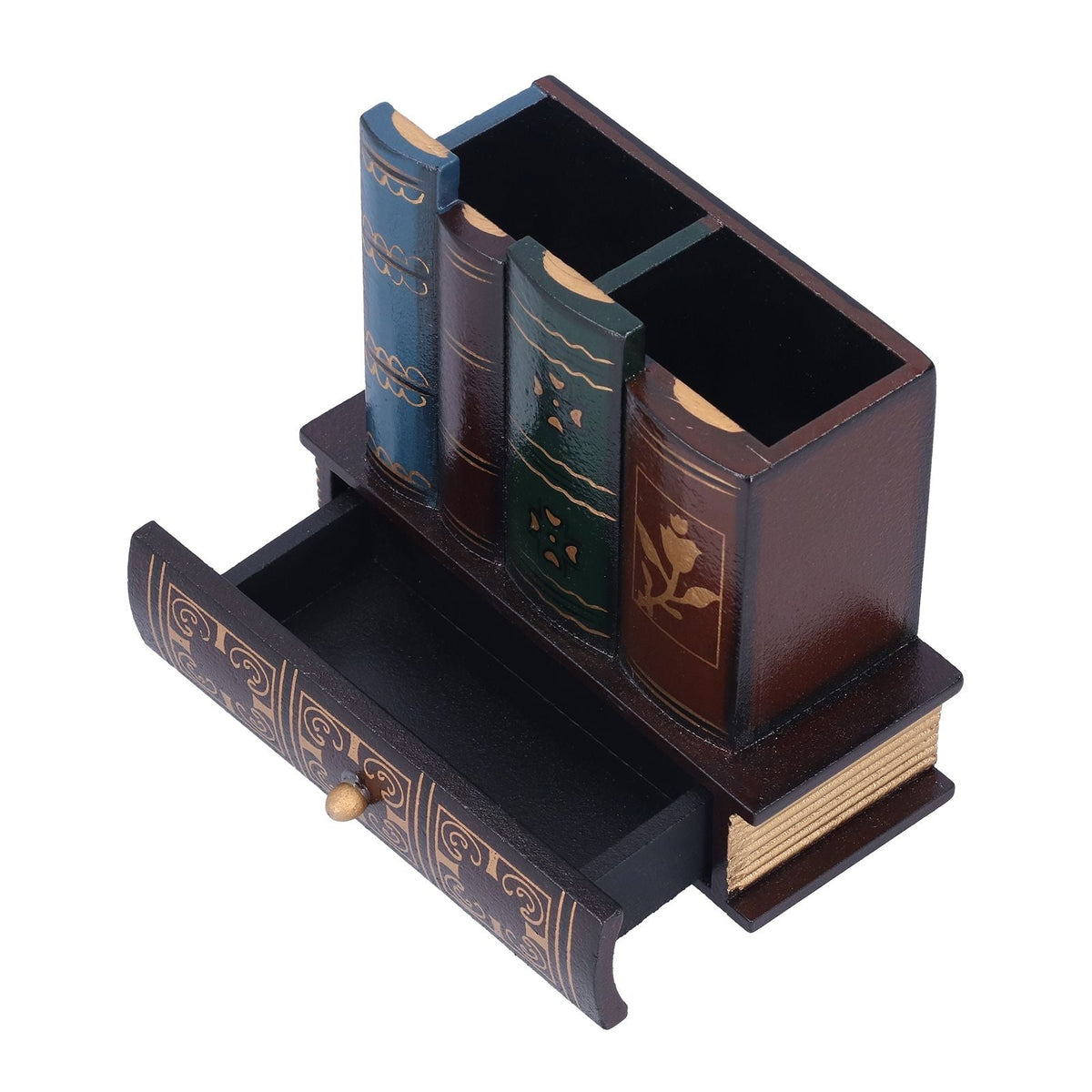 Retro Style Pencil Holder in dark brown faux leather with book-shaped compartments, gold detailing and a pull-out drawer