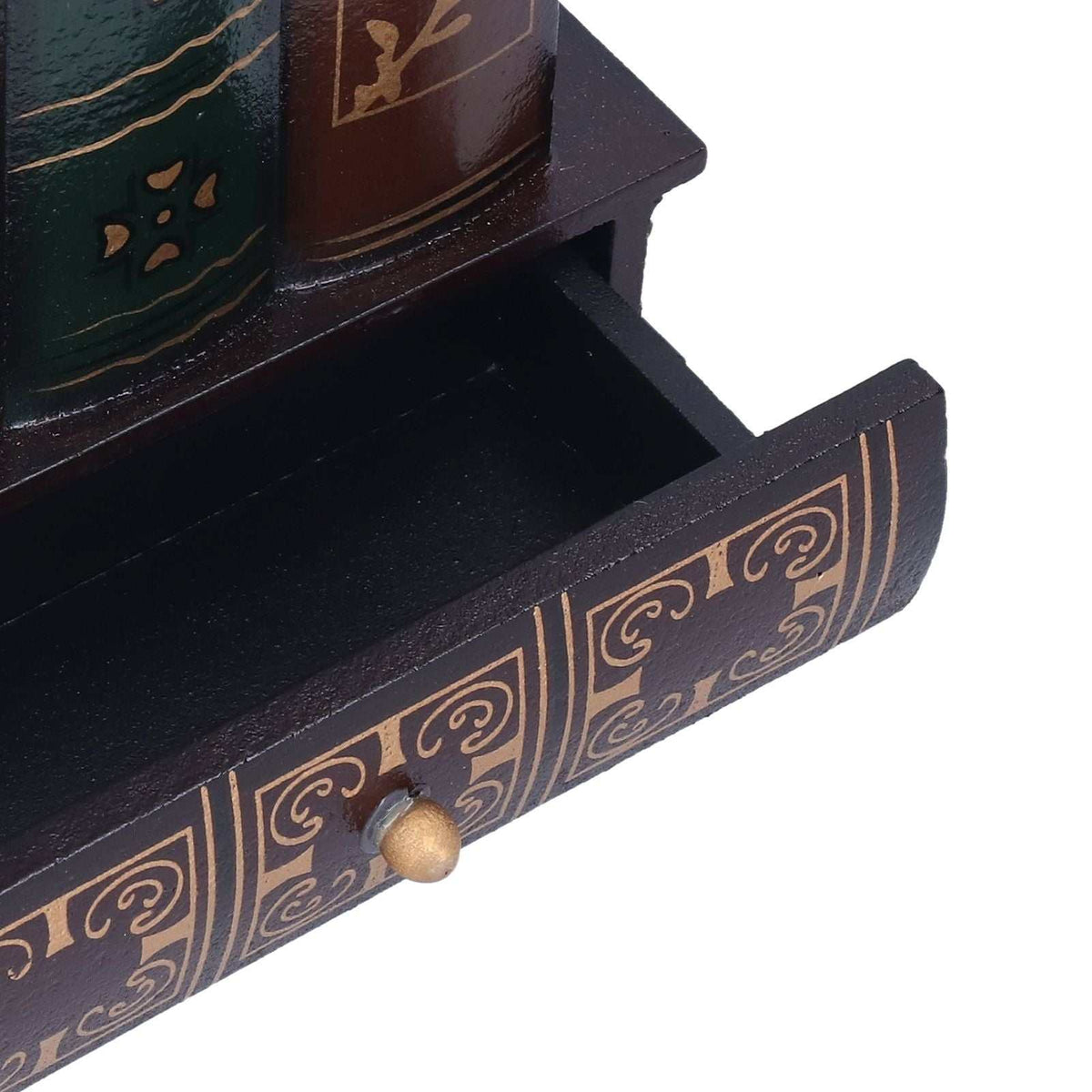 Retro Style Pencil Holder in dark brown wood with ornate gold vintage scrollwork and a small brass drawer knob