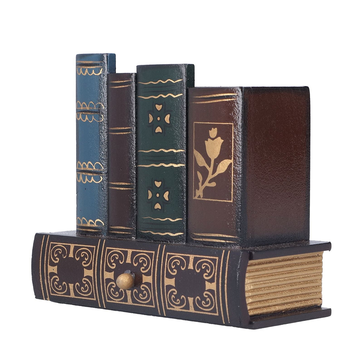 Retro Style Pencil Holder in dark brown and navy with gold vintage book details and an ornate drawer pull