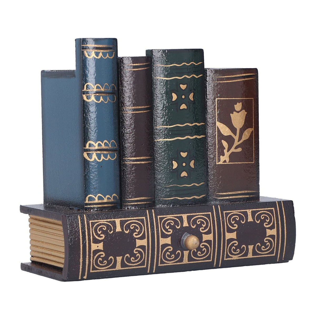 Retro Style Pencil Holder in a dark faux-book design with gold vintage motifs and a decorative front drawer