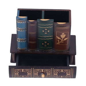 Retro Style Pencil Holder in dark wood-tone MDF with colorful book-shaped compartments, gold ornament and a front drawer