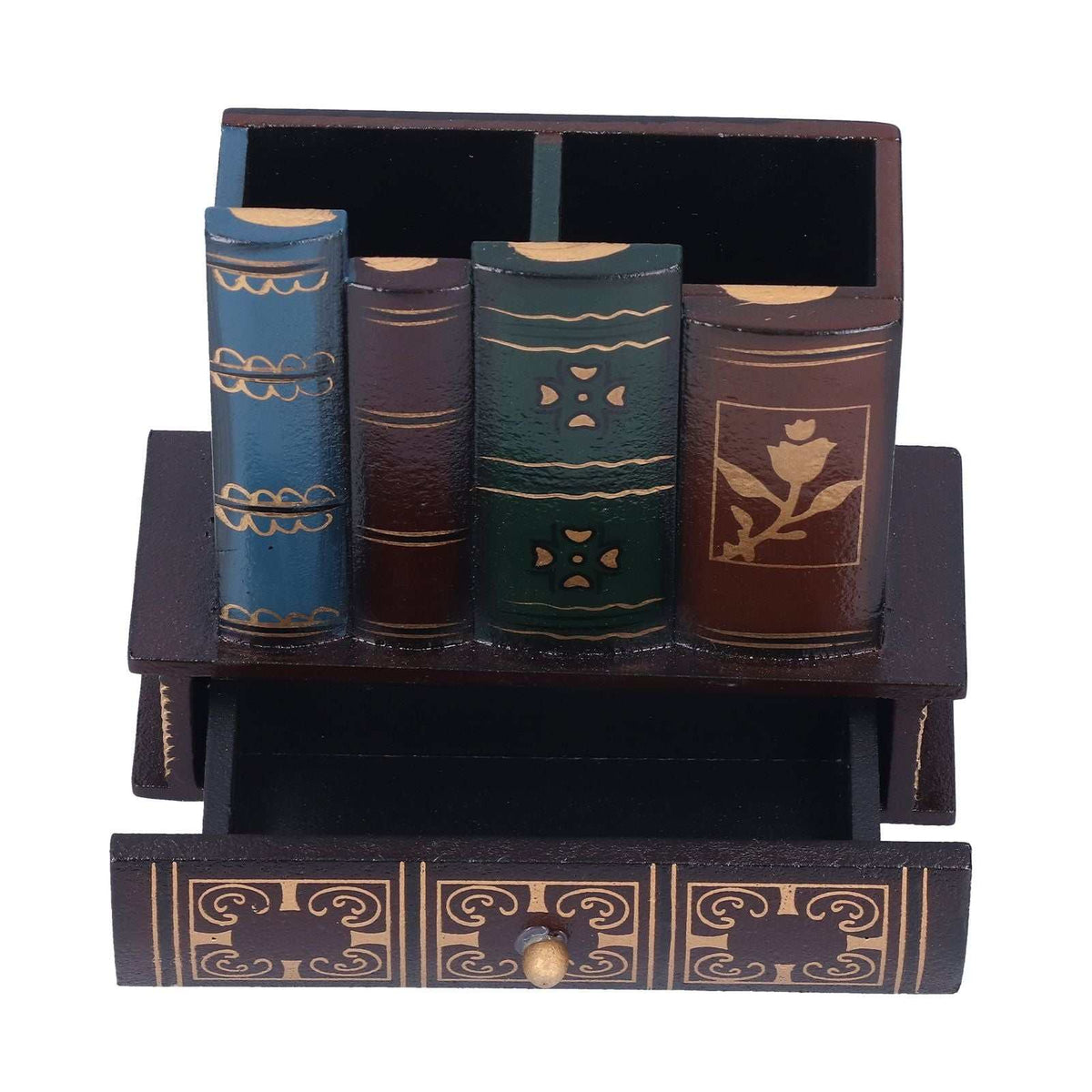 Retro Style Pencil Holder in dark wood-tone MDF with colorful book-shaped compartments, gold ornament and a front drawer