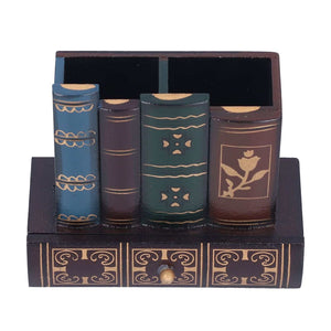 Retro Style Pencil Holder in dark wood with blue, green and brown book-shaped compartments, gold trim and front drawer