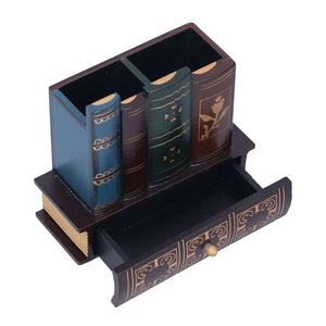 Retro Style Pencil Holder in dark wood with decorative book-shaped sides, divided top compartments and an ornate pull-out drawer