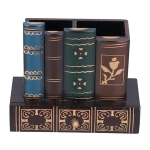 Retro Style Pencil Holder in a dark wooden book design with gold vintage detailing and a decorative front drawer