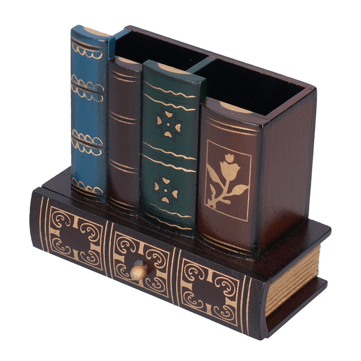 Retro Style Pencil Holder in dark wood with decorative faux book spines, gold motifs, and a small front drawer