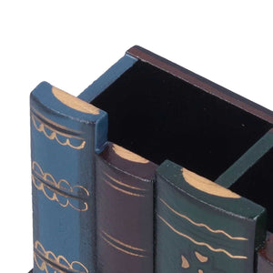 Retro Style Pencil Holder in blue, plum and green painted MDF, shaped like vintage books with gold decorative lines.