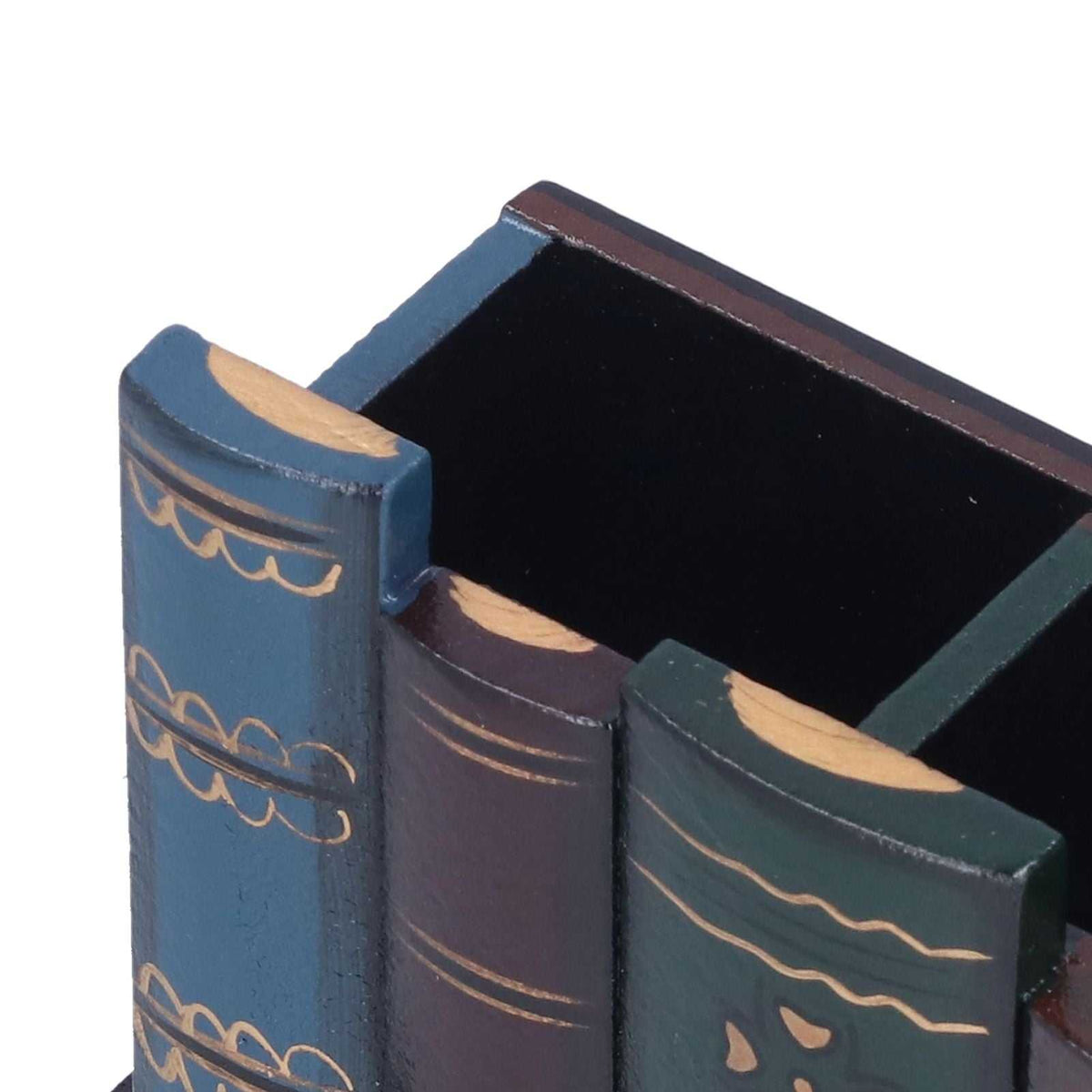Retro Style Pencil Holder in blue, plum and green painted MDF, shaped like vintage books with gold decorative lines.