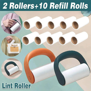 Reusable Lint Roller set with orange and dark green plastic handles and 10 white refill rolls for easy lint removal