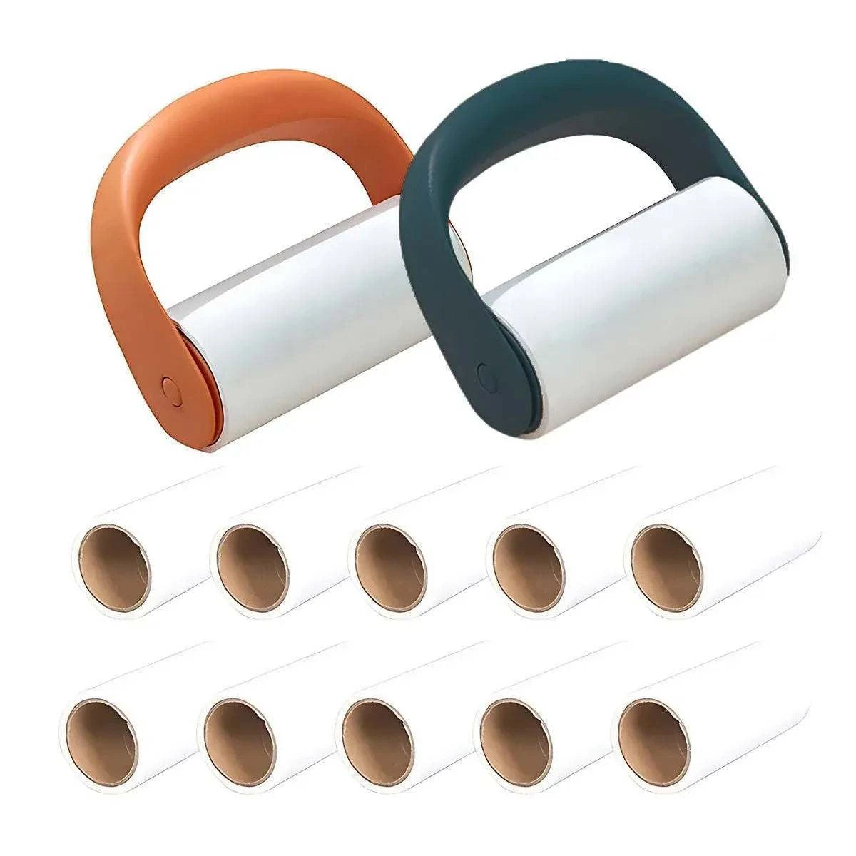 Reusable Lint Roller set with two plastic handle rollers in orange and black plus ten white refill rolls for cleaning lint and pet hair