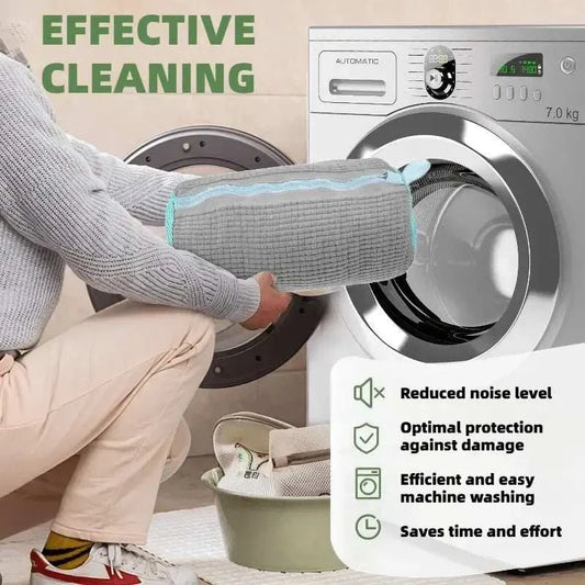 Reusable Shoe Washing Bag in light gray mesh with dense microfiber bristles and aqua trim, shown beside a washing machine