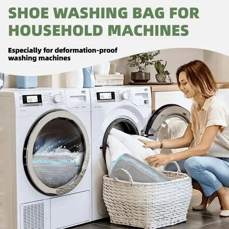 Reusable Shoe Washing Bag made of light gray mesh with teal trim, shown protecting a shoe inside a washing machine