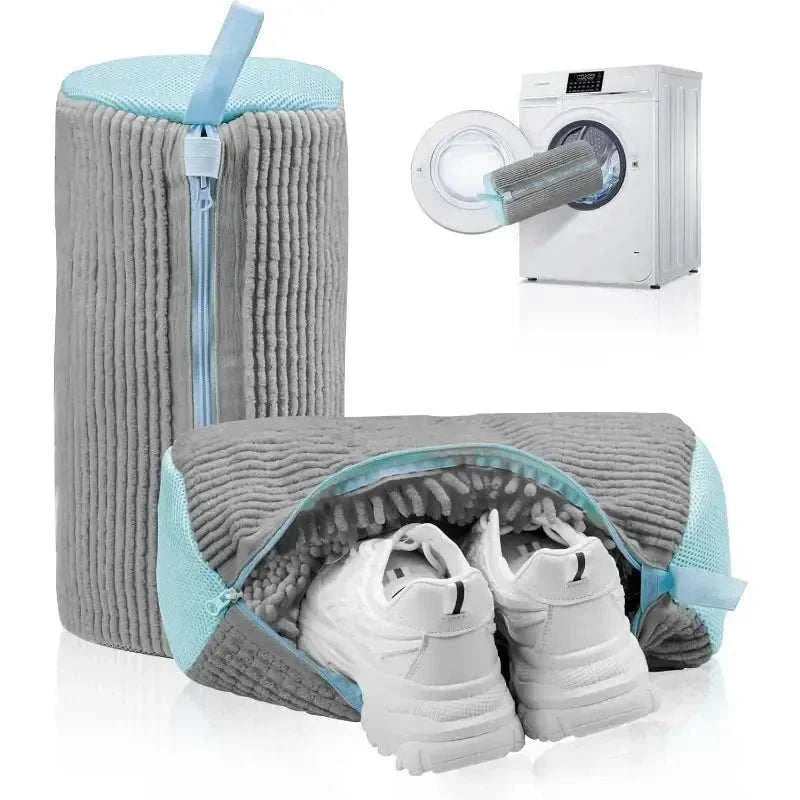 Reusable Shoe Washing Bag in grey ribbed microfiber with aqua trim, showing bristled lining and white sneakers inside