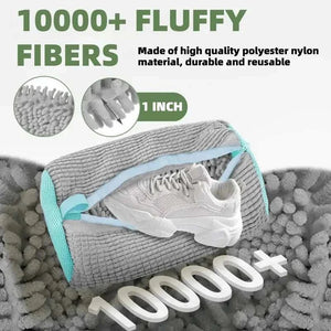 Reusable Shoe Washing Bag in grey textured fabric with aqua trim, thick microfiber bristles and a hidden zipper around a white sneaker