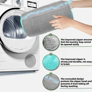 Reusable Shoe Washing Bag in grey textured microfiber with a turquoise concealed zipper and soft bristled exterior