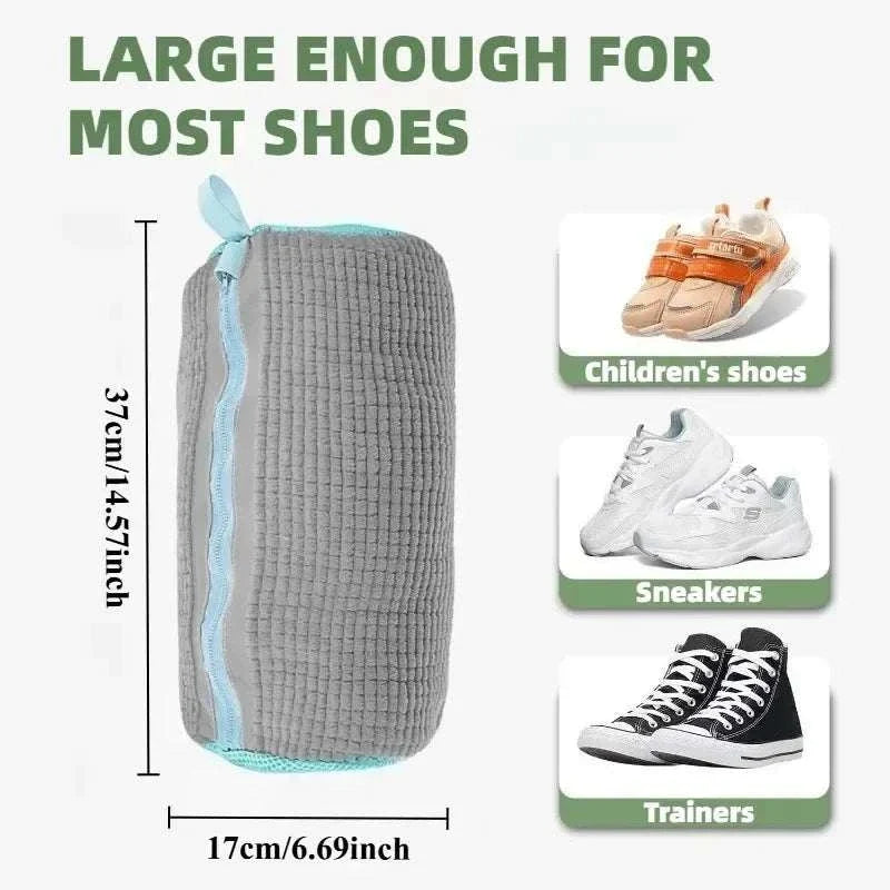 Reusable Shoe Washing Bag in grey textured microfiber with turquoise trim, zip closure and a padded rectangular design