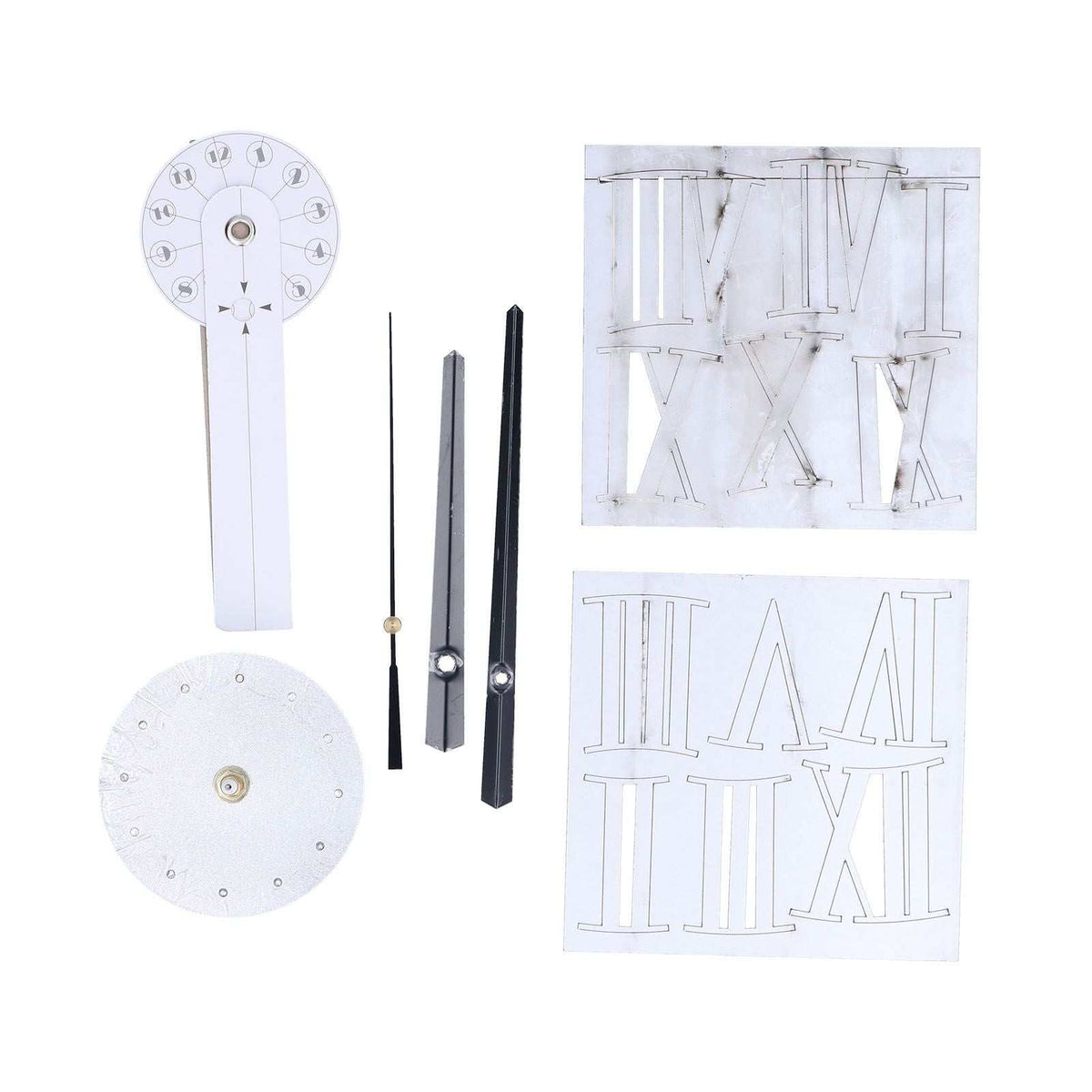 Roman Numerals Design Wall Clock kit in clear acrylic, with Roman numeral templates, clock mechanisms and black and silver hands