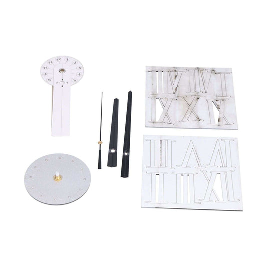 Roman Numerals Design Wall Clock kit with silver acrylic numeral sheets, clock mechanism and three black hands