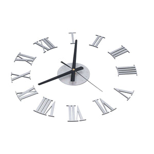 Roman Numerals Design Wall Clock with silver acrylic Roman numeral markers, a round silver centre and black hands