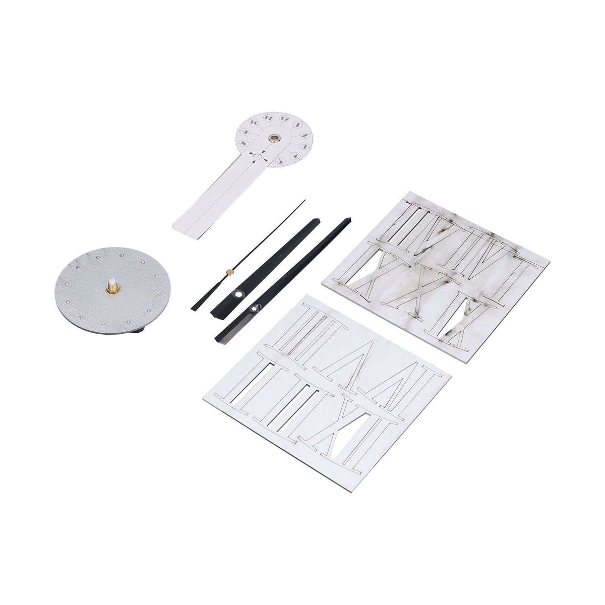 Roman Numerals Design Wall Clock kit with silver acrylic number pieces, round mechanism, and black clock hands