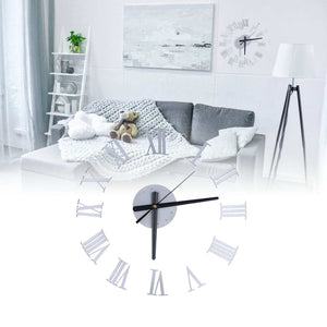 Roman Numerals Design Wall Clock with pale silver Roman numeral markers, black hands and a frameless 3D mirror acrylic finish