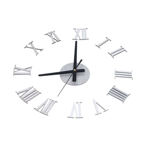 Roman Numerals Design Wall Clock with silver acrylic numerals and a mirrored center, featuring black hands and a frameless layout