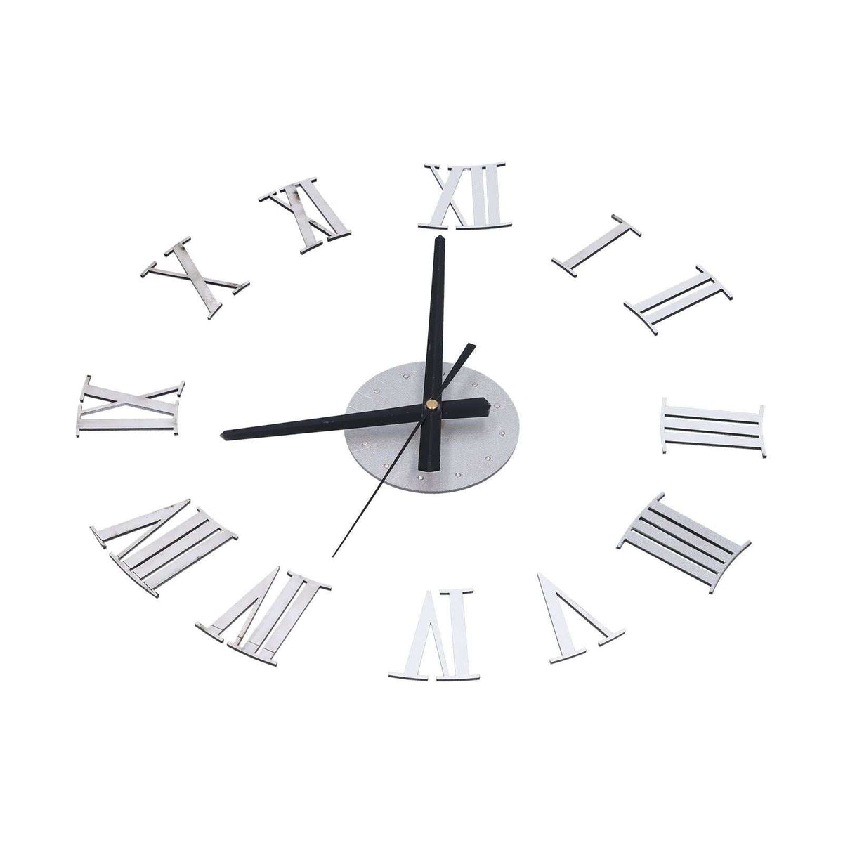 Roman Numerals Design Wall Clock with silver acrylic numerals and a mirrored center, featuring black hands and a frameless layout