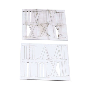 Roman Numerals Design Wall Clock kit with reflective silver acrylic numeral cutouts on two white backing sheets