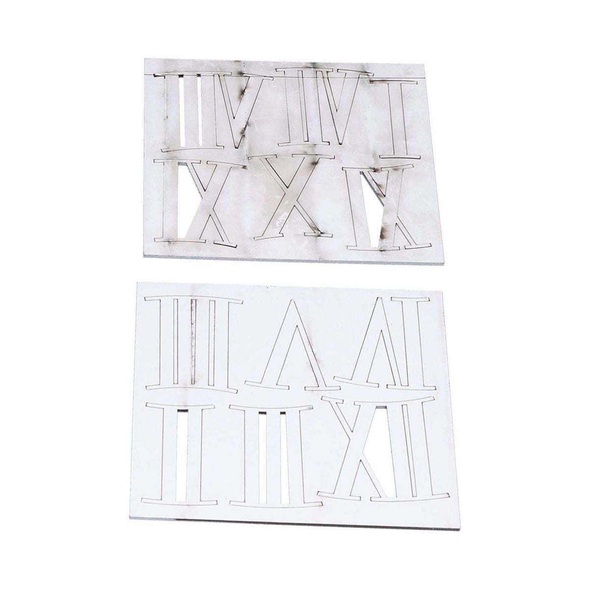Roman Numerals Design Wall Clock kit with reflective silver acrylic numeral cutouts on two white backing sheets
