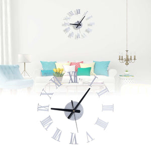 Roman Numerals Design Wall Clock with silver Roman numeral markers and black hands in a frameless, reflective acrylic style