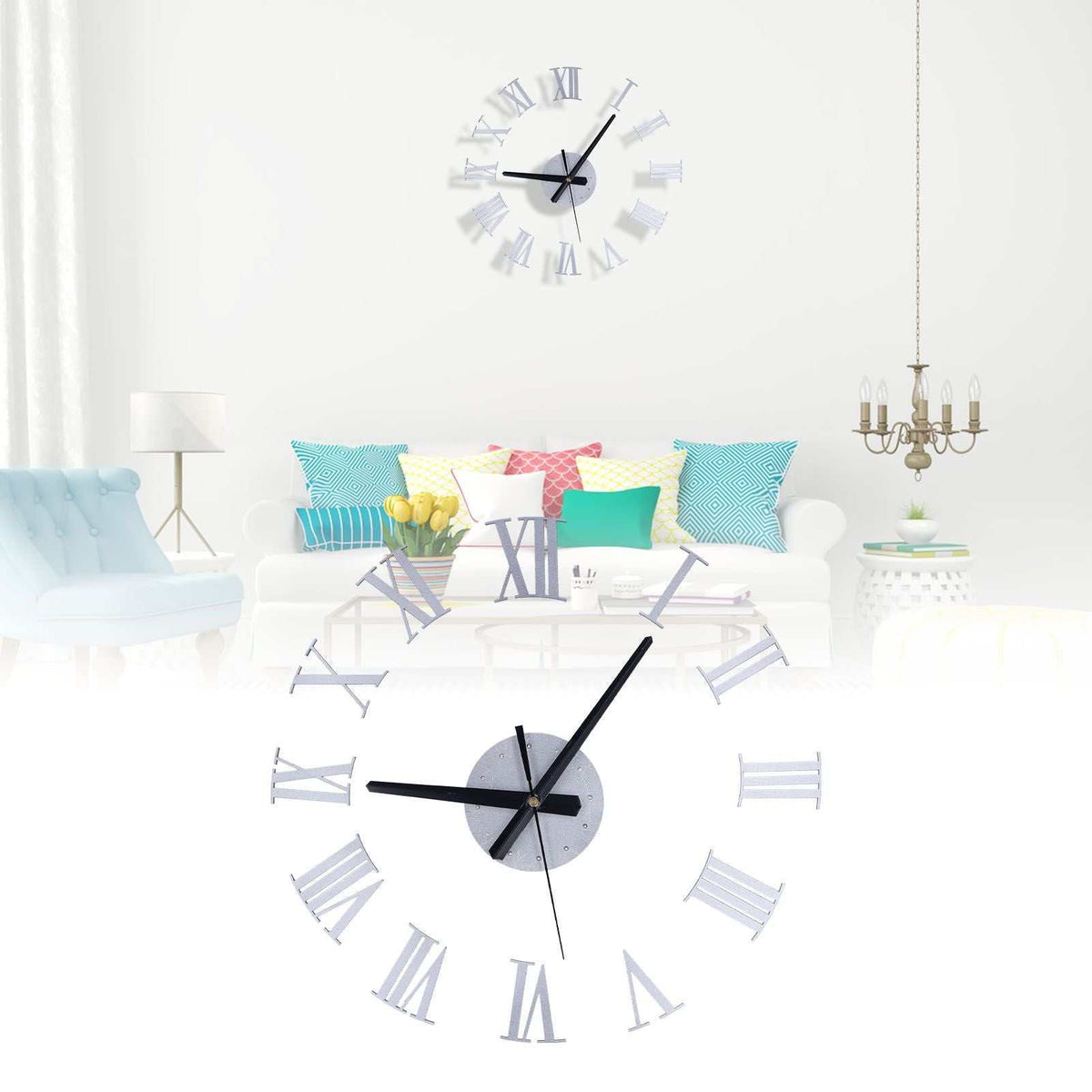 Roman Numerals Design Wall Clock with silver Roman numeral markers and black hands in a frameless, reflective acrylic style