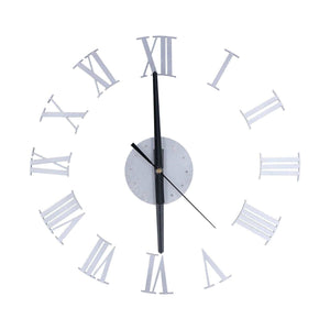Roman Numerals Design Wall Clock with silver mirrored acrylic numerals and a round center, plus black clock hands