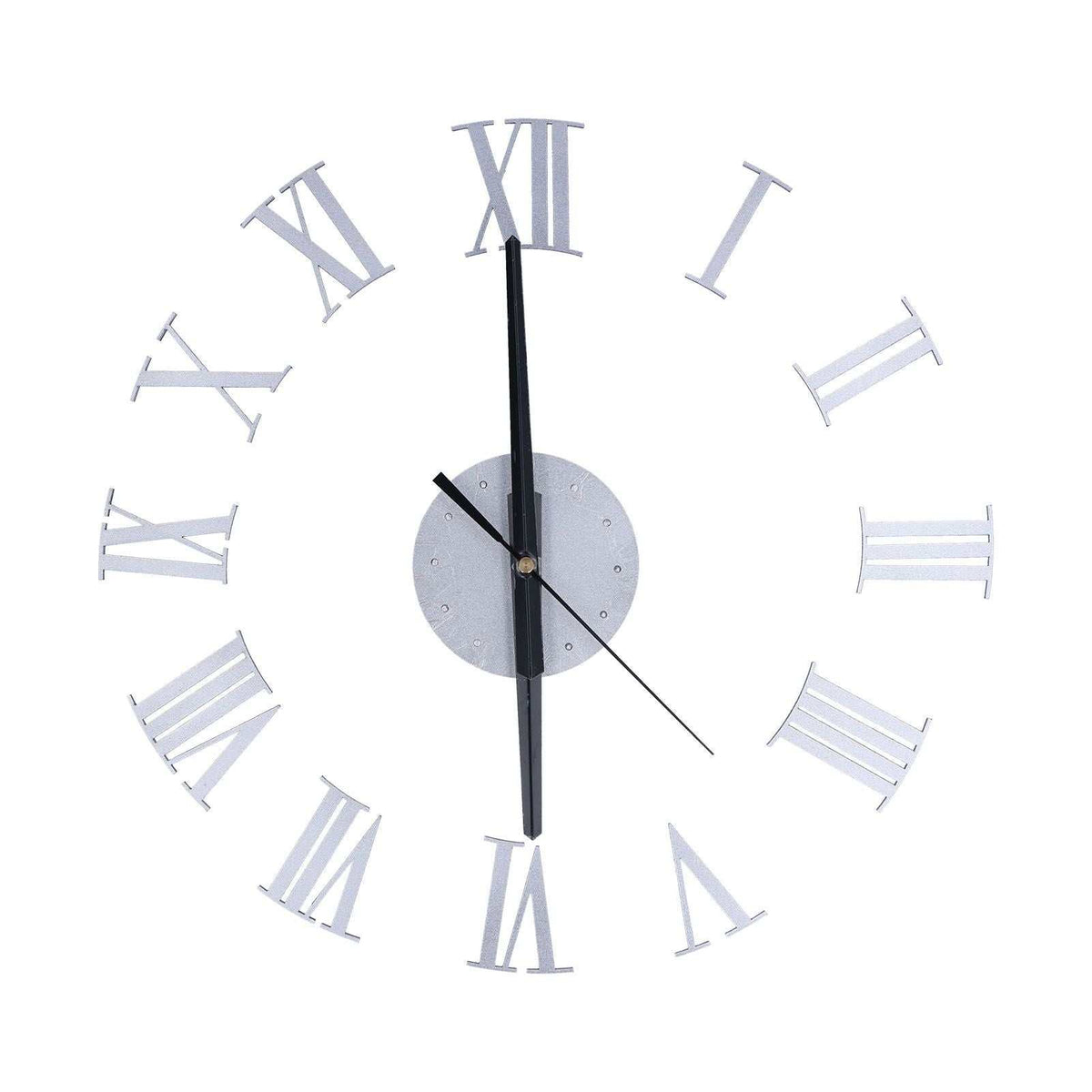 Roman Numerals Design Wall Clock with silver mirrored acrylic numerals and a round center, plus black clock hands