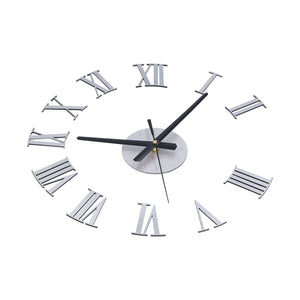 Roman Numerals Design Wall Clock with silver mirror-effect acrylic numerals, a central hub and black hands in a frameless design