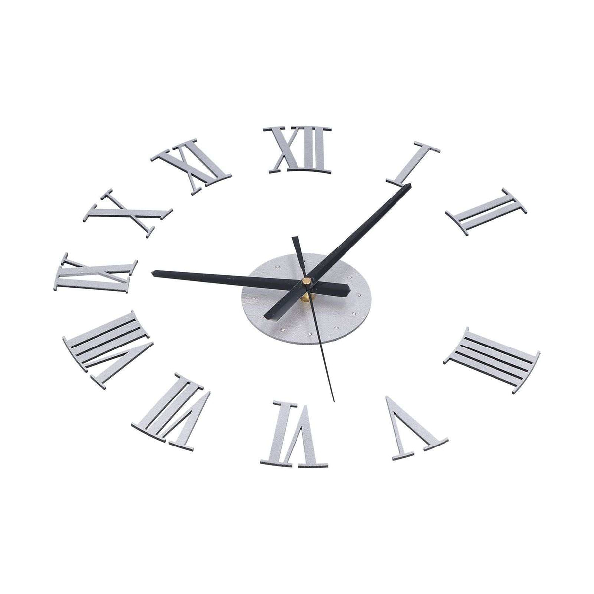 Roman Numerals Design Wall Clock with silver mirror-effect acrylic numerals, a central hub and black hands in a frameless design
