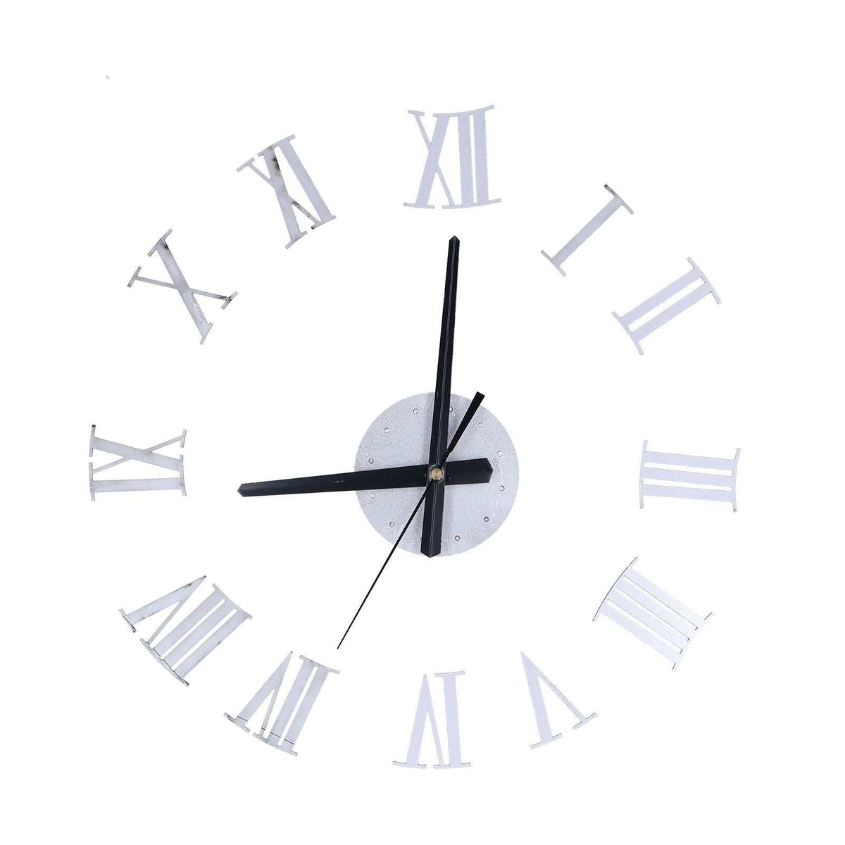 Roman Numerals Design Wall Clock with silver reflective Roman numeral markers and black hands on a round silver hub