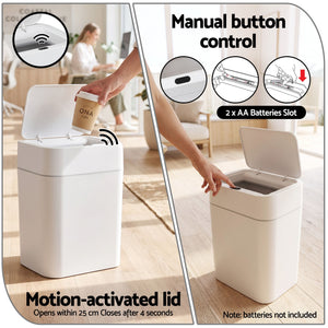 Rubbish Bin 12L in white plastic with a slim rectangular body, motion-activated lid and manual control buttons