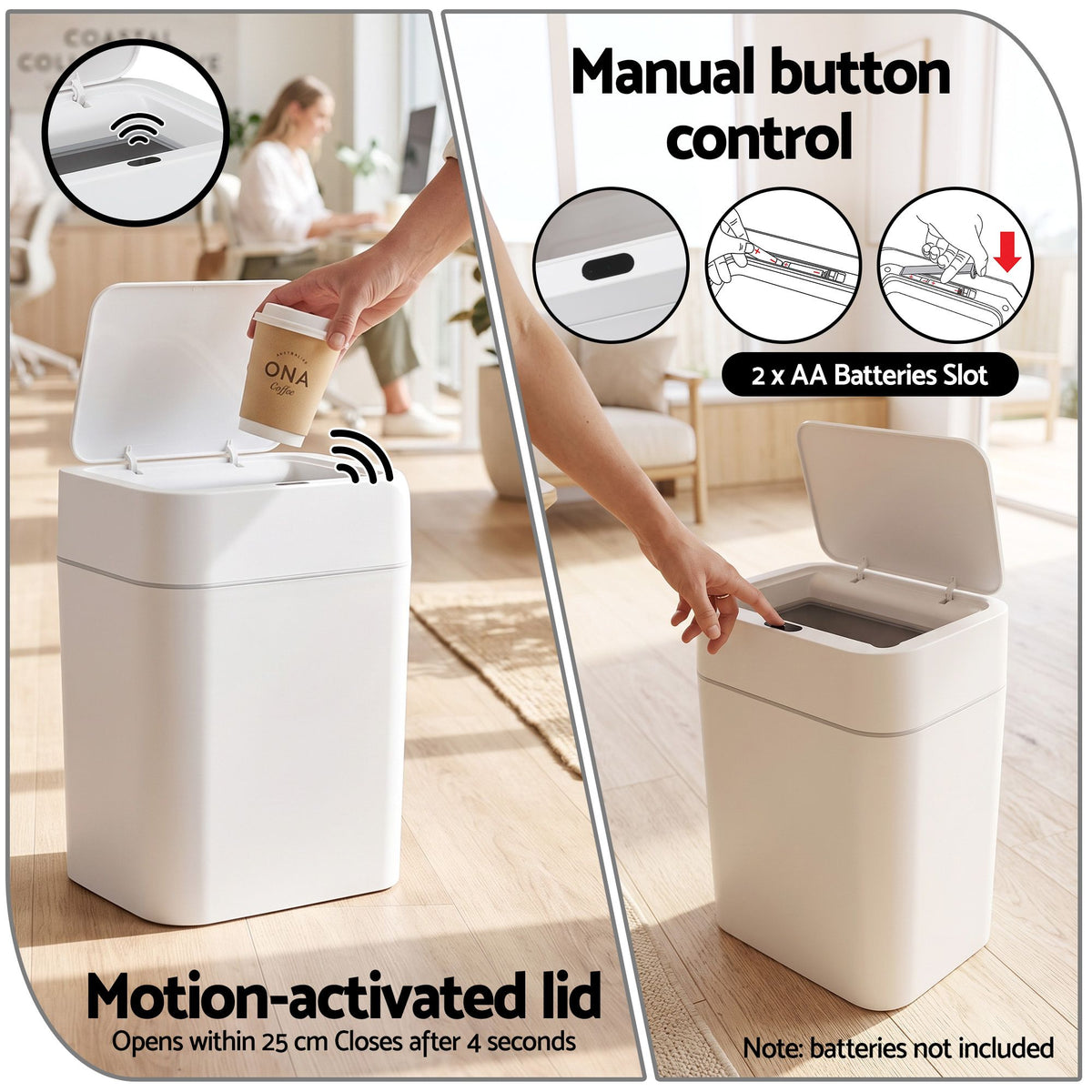 Rubbish Bin 12L in white plastic with a slim rectangular body, motion-activated lid and manual control buttons