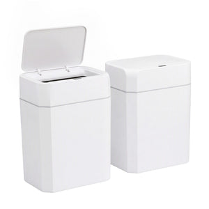 Rubbish Bin 12L two white plastic bins with slim square bodies and hinged lids, one shown open