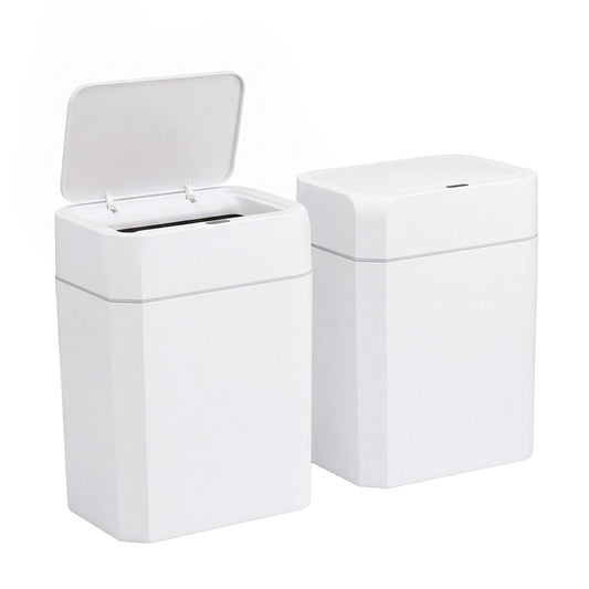 Rubbish Bin 12L two white plastic bins with slim square bodies and hinged lids, one shown open