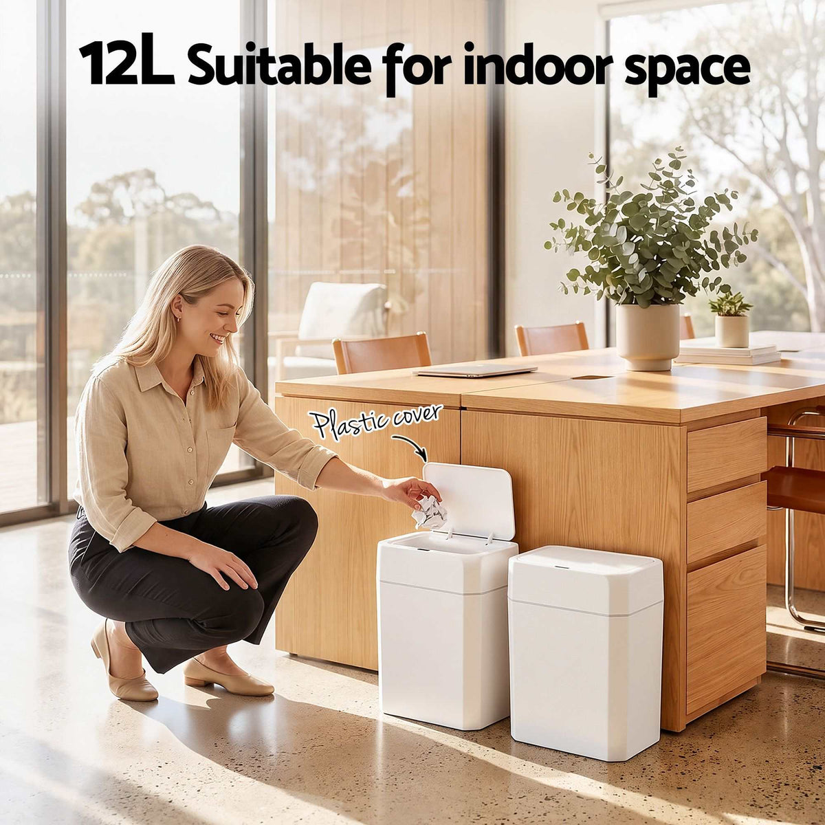 Rubbish Bin 12L pair of white plastic slim bins, one with its hinged lid open and sensor control visible