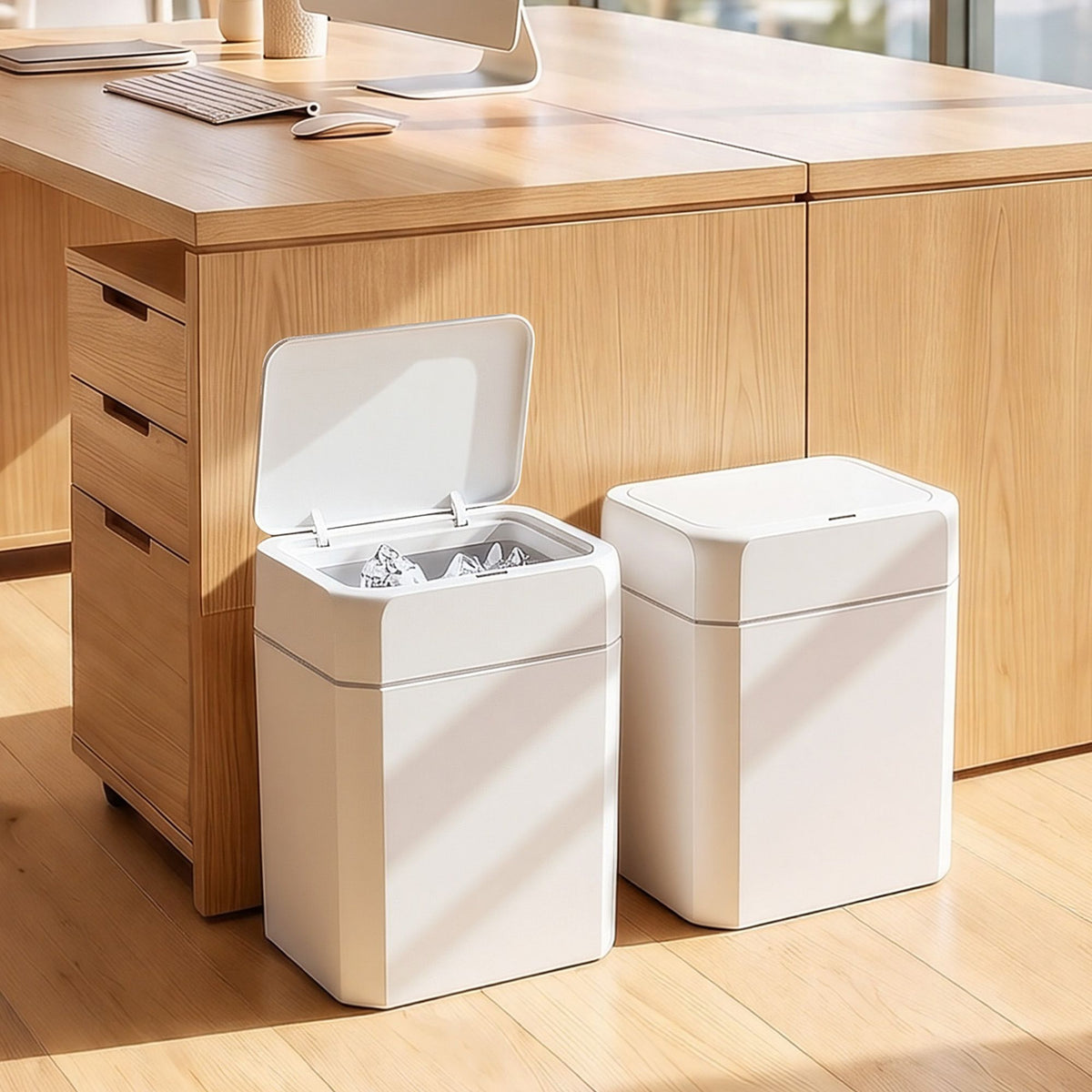Rubbish Bin 12L pair in smooth white plastic, with one open hinged lid revealing the removable inner rim